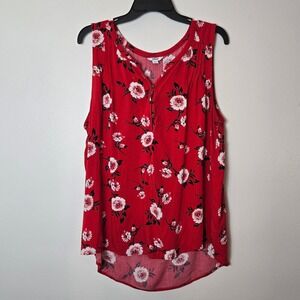 Sonoma Goods For Life Red Floral Sleeveless Henley Blouse XXL High Low Rayon